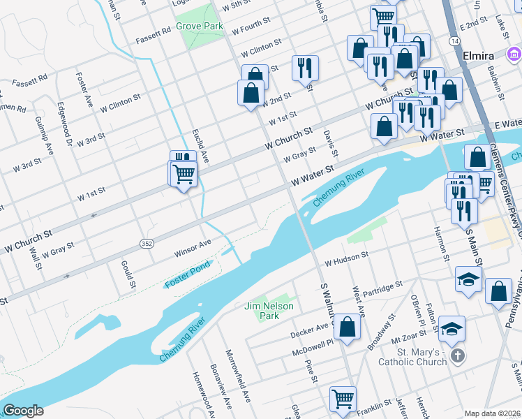 map of restaurants, bars, coffee shops, grocery stores, and more near 50 Grove Street in Elmira