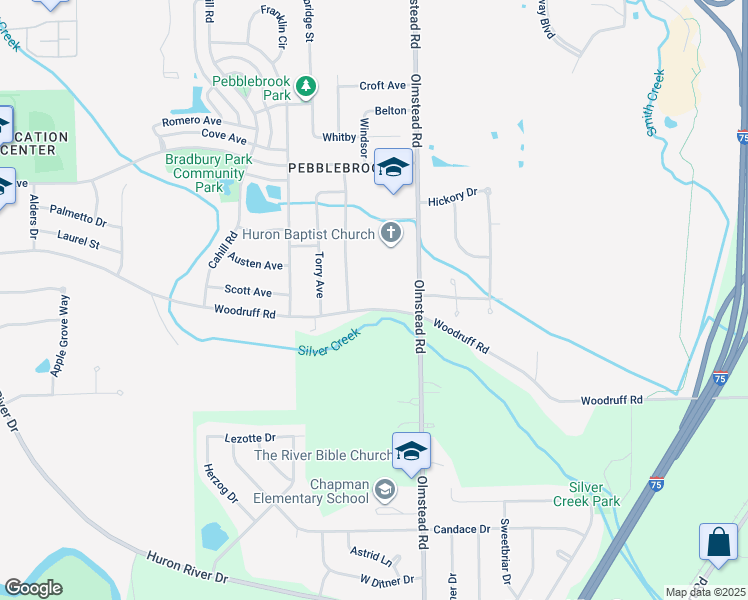 map of restaurants, bars, coffee shops, grocery stores, and more near 23262 Woodruff Road in Flat Rock