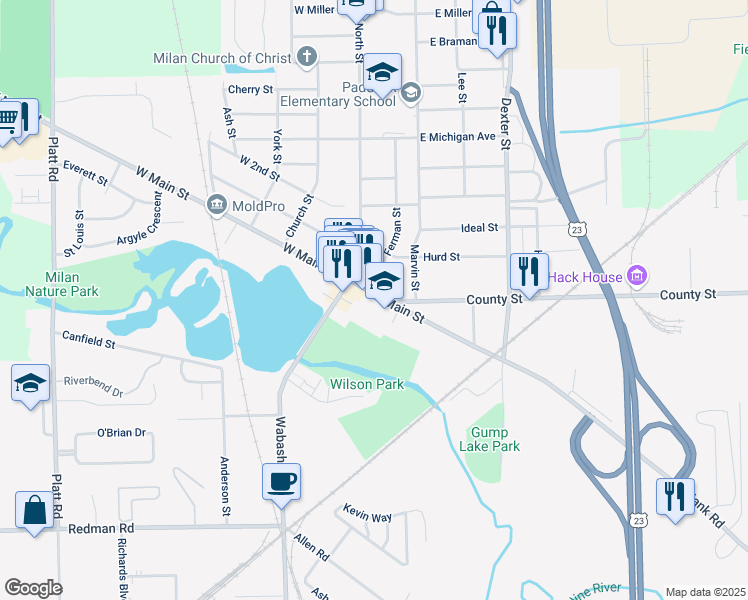 map of restaurants, bars, coffee shops, grocery stores, and more near 122 East Main Street in Milan