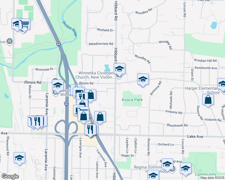 map of restaurants, bars, coffee shops, grocery stores, and more near 1121 Virginia Lane in Wilmette
