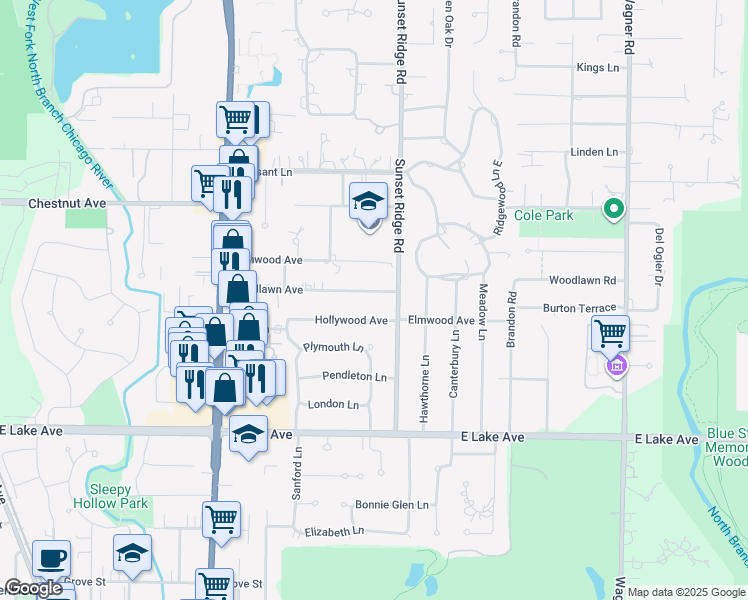 map of restaurants, bars, coffee shops, grocery stores, and more near 1324 Hollywood Avenue in Glenview