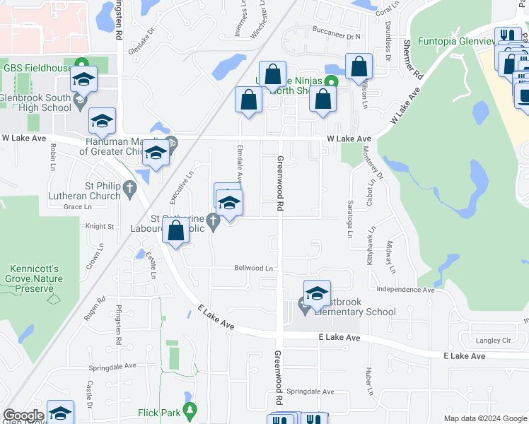 map of restaurants, bars, coffee shops, grocery stores, and more near 1556 Greenwood Road in Glenview