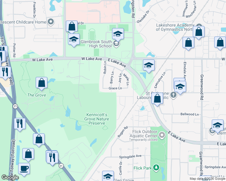 map of restaurants, bars, coffee shops, grocery stores, and more near 3849 Grace Lane in Glenview