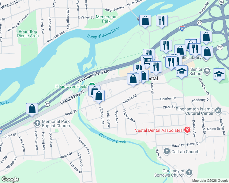 map of restaurants, bars, coffee shops, grocery stores, and more near 240 Front St in Vestal