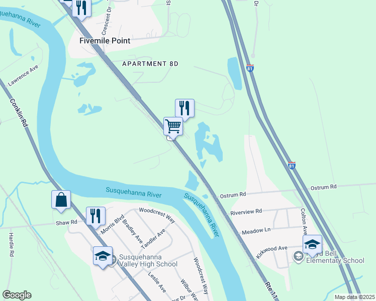map of restaurants, bars, coffee shops, grocery stores, and more near 1017 U.S. 11 in Kirkwood