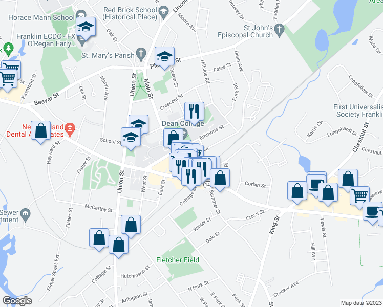 map of restaurants, bars, coffee shops, grocery stores, and more near 20 Dean Avenue in Franklin