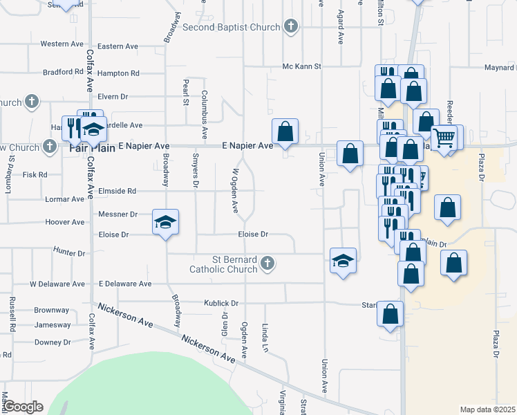 map of restaurants, bars, coffee shops, grocery stores, and more near 1887 East Ogden Circle in Benton Harbor