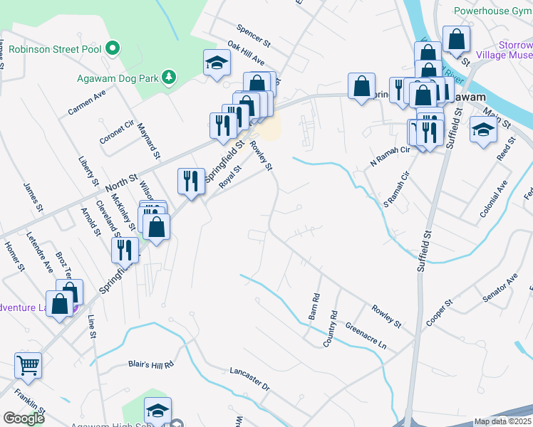 map of restaurants, bars, coffee shops, grocery stores, and more near 108 Rowley Street in Agawam