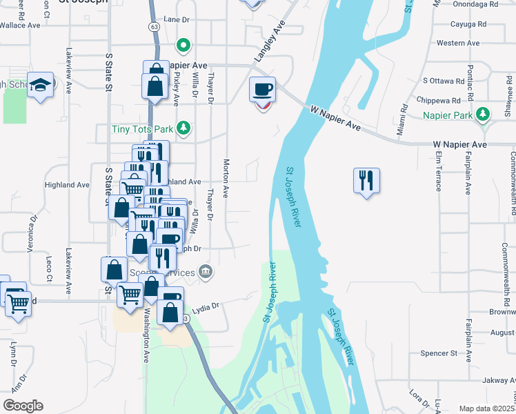 map of restaurants, bars, coffee shops, grocery stores, and more near 1111 Flanders Place in St. Joseph