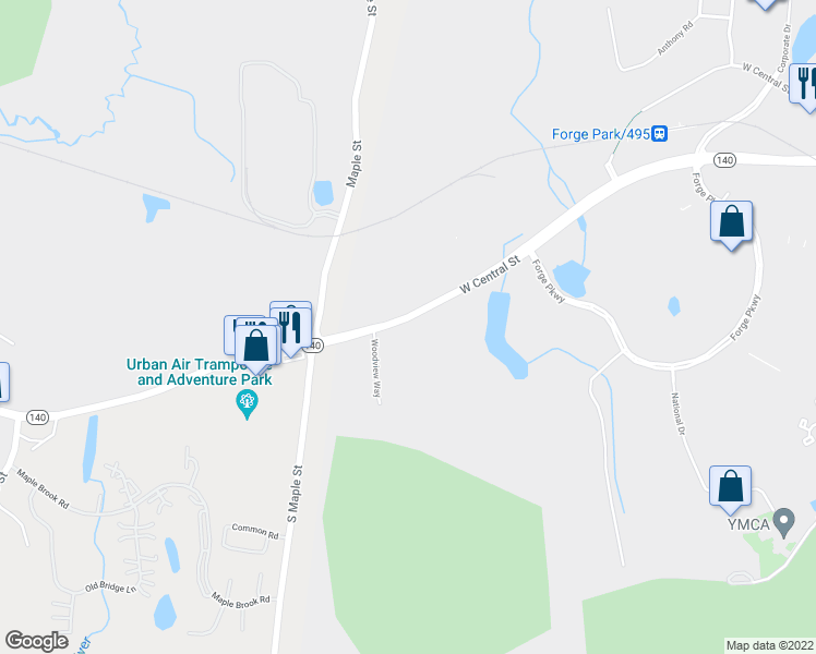 map of restaurants, bars, coffee shops, grocery stores, and more near 1312 West Central Street in Franklin