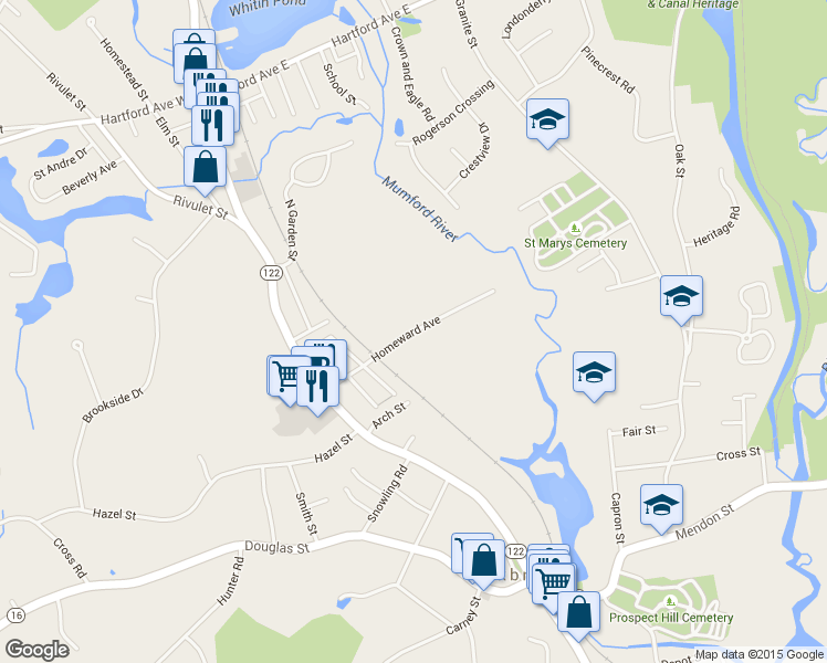 map of restaurants, bars, coffee shops, grocery stores, and more near 90 Homeward Avenue in Uxbridge
