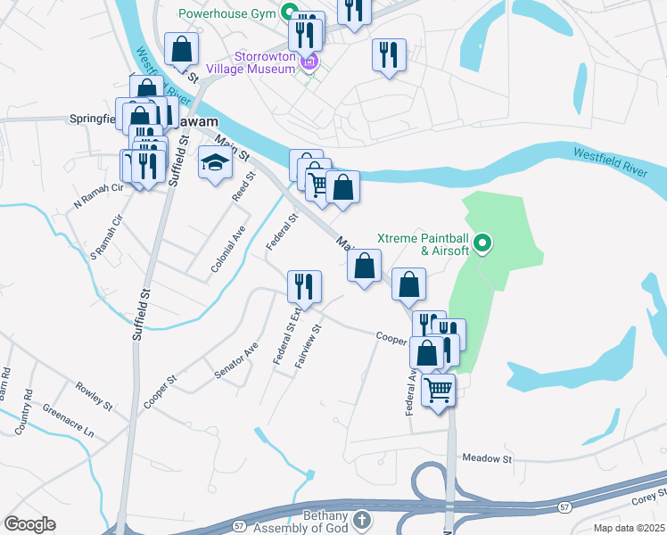 map of restaurants, bars, coffee shops, grocery stores, and more near 230 Main Street in Agawam