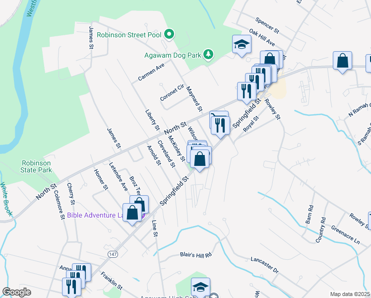 map of restaurants, bars, coffee shops, grocery stores, and more near 478 Springfield Street in Agawam
