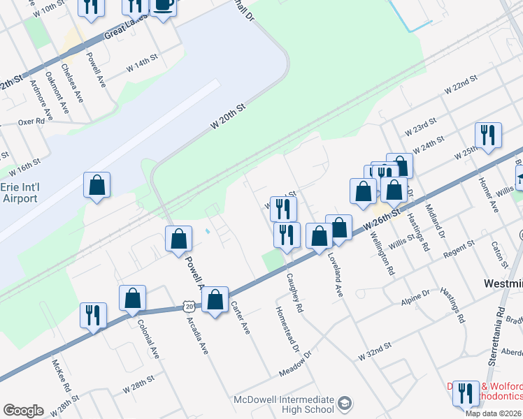 map of restaurants, bars, coffee shops, grocery stores, and more near 2300 Caughey Road in Erie