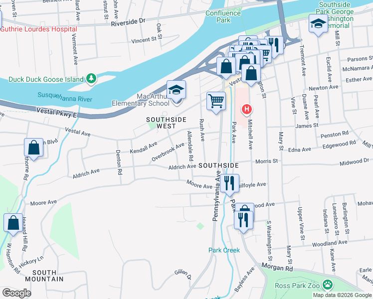 map of restaurants, bars, coffee shops, grocery stores, and more near 18 Allendale Road in Binghamton