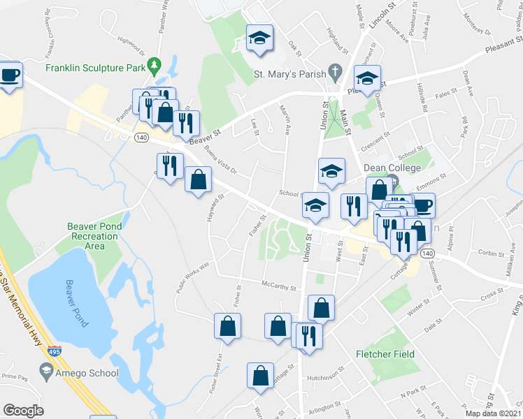 map of restaurants, bars, coffee shops, grocery stores, and more near 1 Fisher Street in Franklin