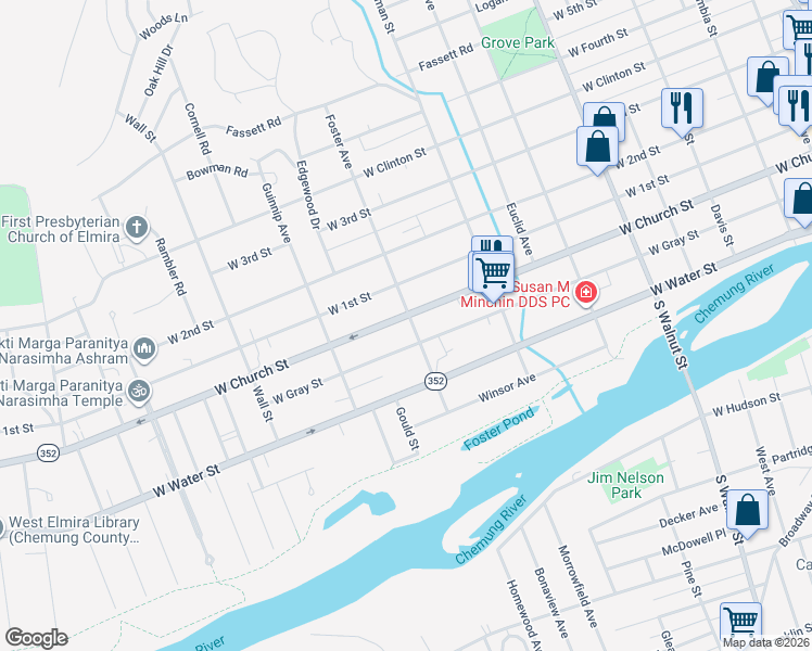 map of restaurants, bars, coffee shops, grocery stores, and more near 738 West Gray Street in Elmira