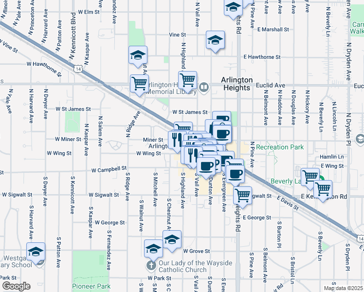 map of restaurants, bars, coffee shops, grocery stores, and more near 122 North Vail Avenue in Arlington Heights