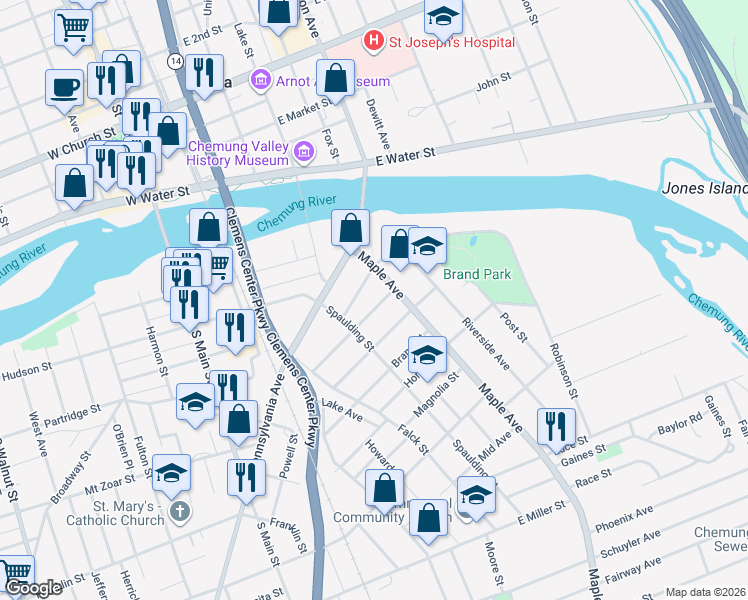 map of restaurants, bars, coffee shops, grocery stores, and more near 314 Lormore Street in Elmira
