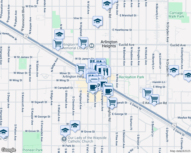 map of restaurants, bars, coffee shops, grocery stores, and more near E Northwest Hwy & N Dunton Ave in Arlington Heights
