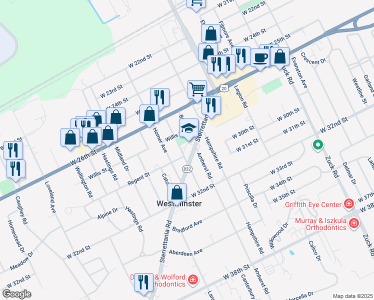 map of restaurants, bars, coffee shops, grocery stores, and more near 2910 Sterrettania Road in Erie