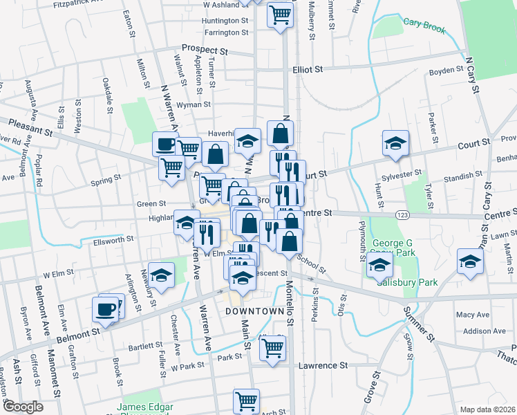 map of restaurants, bars, coffee shops, grocery stores, and more near 50 Centre Street in Brockton