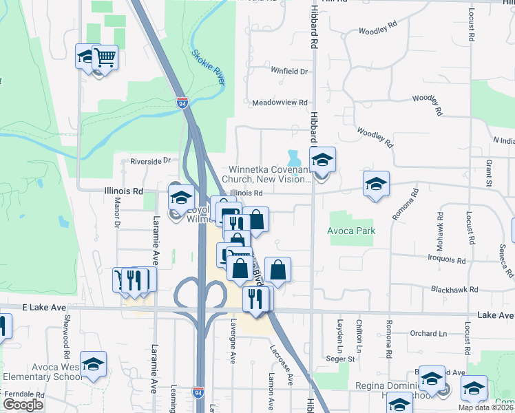 map of restaurants, bars, coffee shops, grocery stores, and more near 3219 Sprucewood Lane in Wilmette