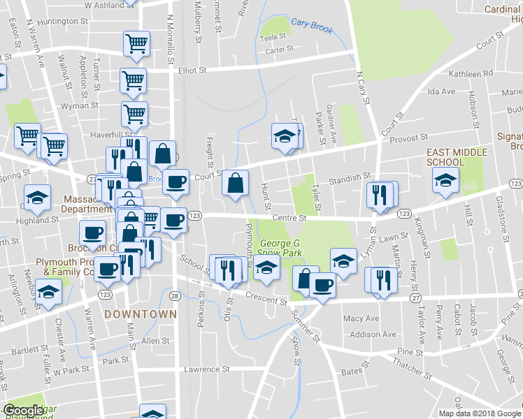 map of restaurants, bars, coffee shops, grocery stores, and more near 216 Centre Street in Brockton