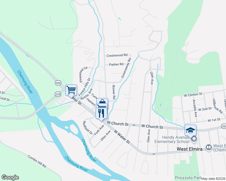 map of restaurants, bars, coffee shops, grocery stores, and more near 172 Bower Road in Elmira