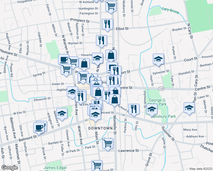 map of restaurants, bars, coffee shops, grocery stores, and more near in Brockton