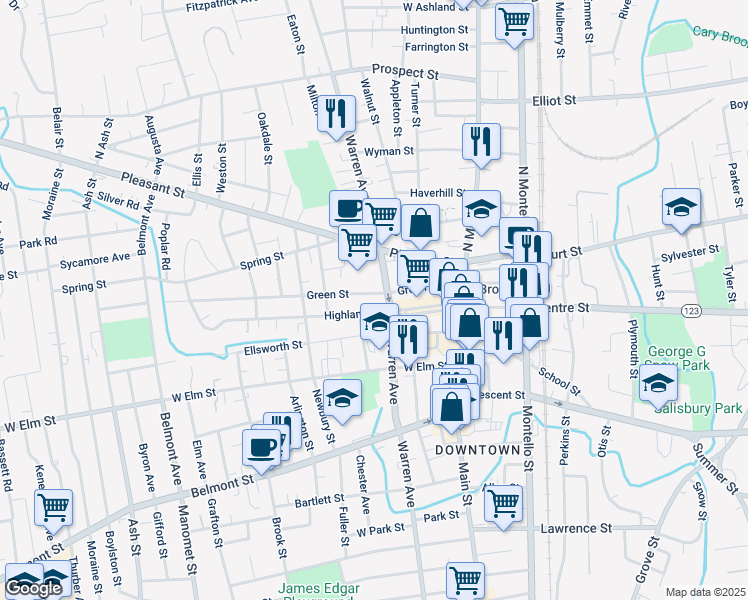 map of restaurants, bars, coffee shops, grocery stores, and more near 9 Highland Street in Brockton