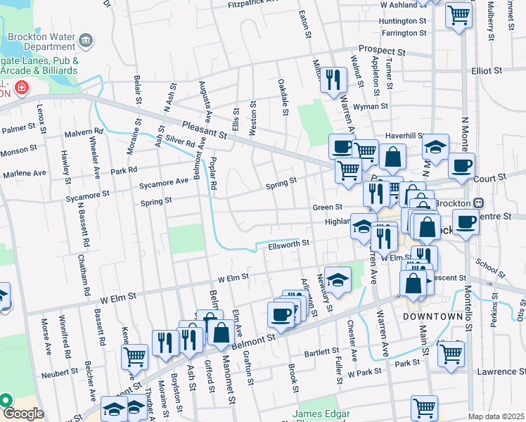 map of restaurants, bars, coffee shops, grocery stores, and more near 274 Green Street in Brockton