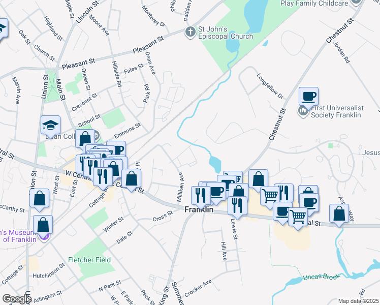 map of restaurants, bars, coffee shops, grocery stores, and more near 67 Milliken Avenue in Franklin