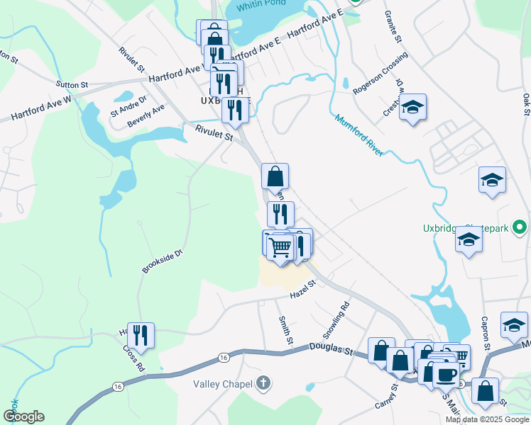 map of restaurants, bars, coffee shops, grocery stores, and more near 194 North Main Street in Uxbridge