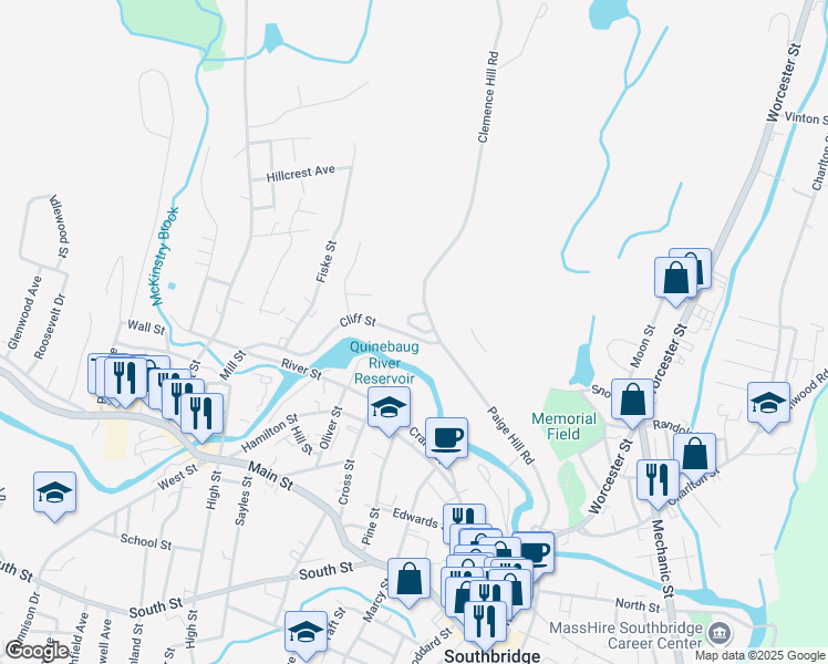 map of restaurants, bars, coffee shops, grocery stores, and more near 113 Clemence Hill Road in Southbridge