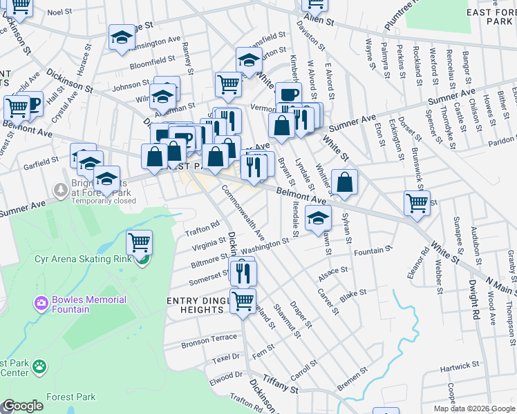 map of restaurants, bars, coffee shops, grocery stores, and more near 14 Fairmount Street in Springfield