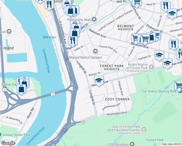 map of restaurants, bars, coffee shops, grocery stores, and more near 25 Warner Street in Springfield