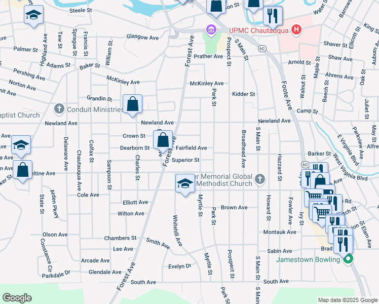 map of restaurants, bars, coffee shops, grocery stores, and more near 118 Superior Street in Jamestown