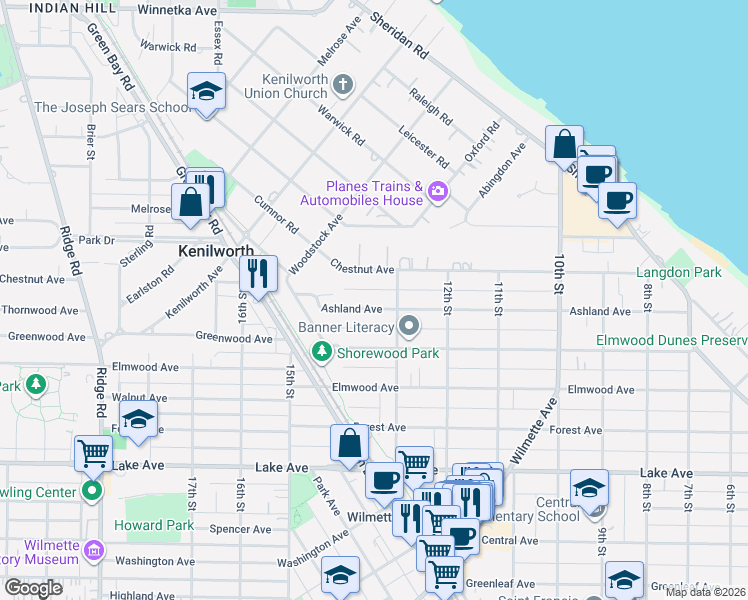 map of restaurants, bars, coffee shops, grocery stores, and more near 1323 Ashland Lane in Wilmette