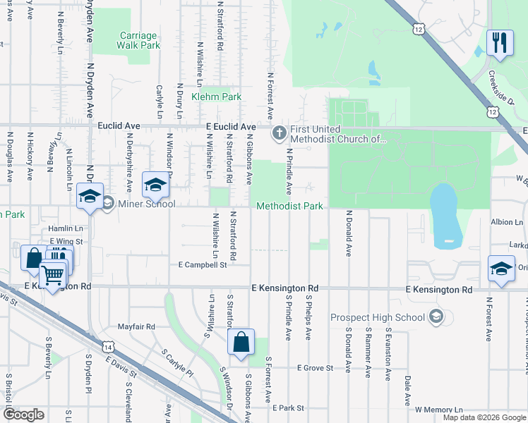 map of restaurants, bars, coffee shops, grocery stores, and more near 122 North Forrest Avenue in Arlington Heights