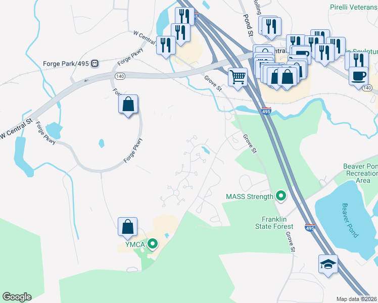 map of restaurants, bars, coffee shops, grocery stores, and more near 64 Stone Ridge Road in Franklin