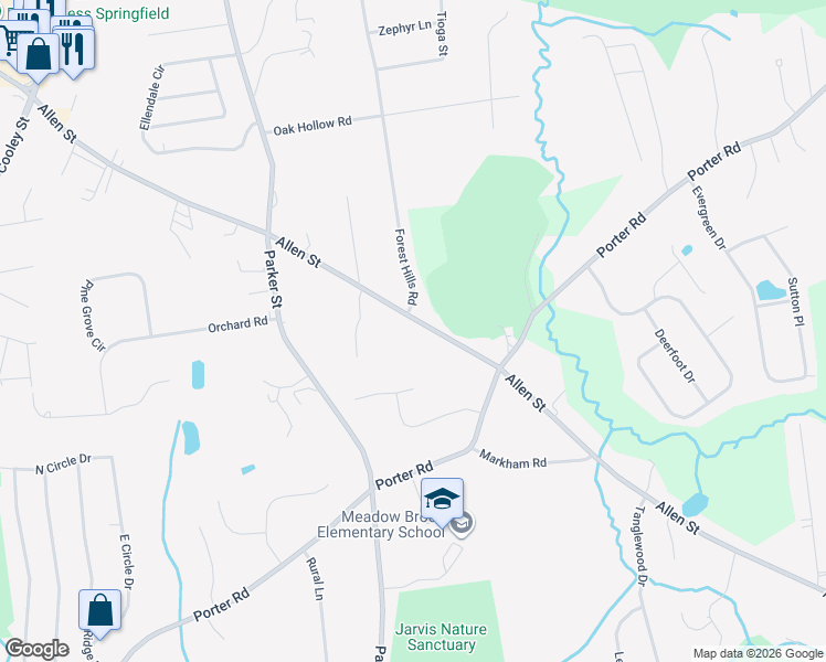 map of restaurants, bars, coffee shops, grocery stores, and more near 71 Allen Street in East Longmeadow