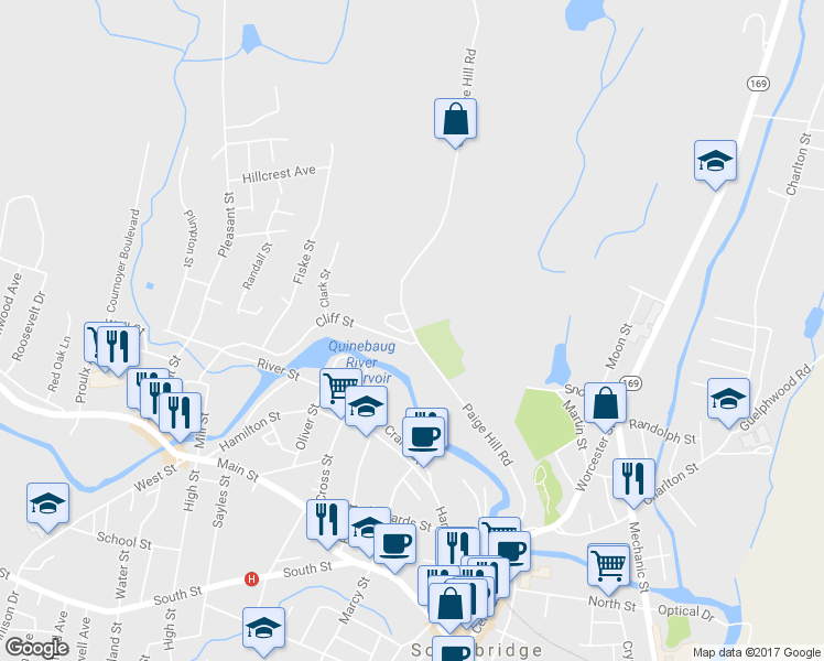 map of restaurants, bars, coffee shops, grocery stores, and more near 113 Clemence Hill Road in Southbridge