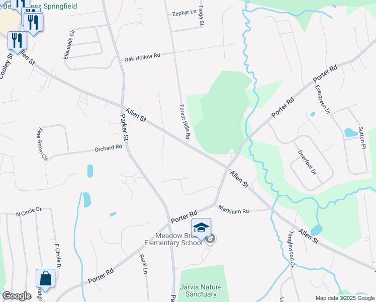 map of restaurants, bars, coffee shops, grocery stores, and more near 71 Allen Street in East Longmeadow