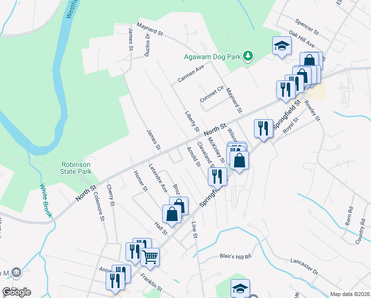 map of restaurants, bars, coffee shops, grocery stores, and more near 76 Arnold Street in Agawam