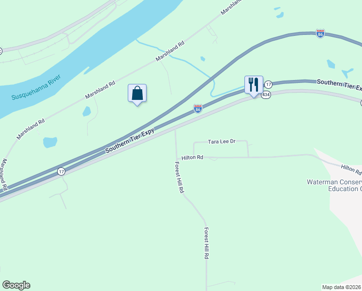 map of restaurants, bars, coffee shops, grocery stores, and more near 1308 Hilton Road in Apalachin