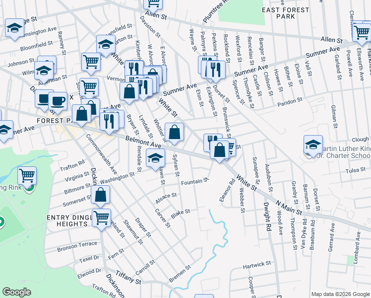 map of restaurants, bars, coffee shops, grocery stores, and more near 849 Belmont Avenue in Springfield