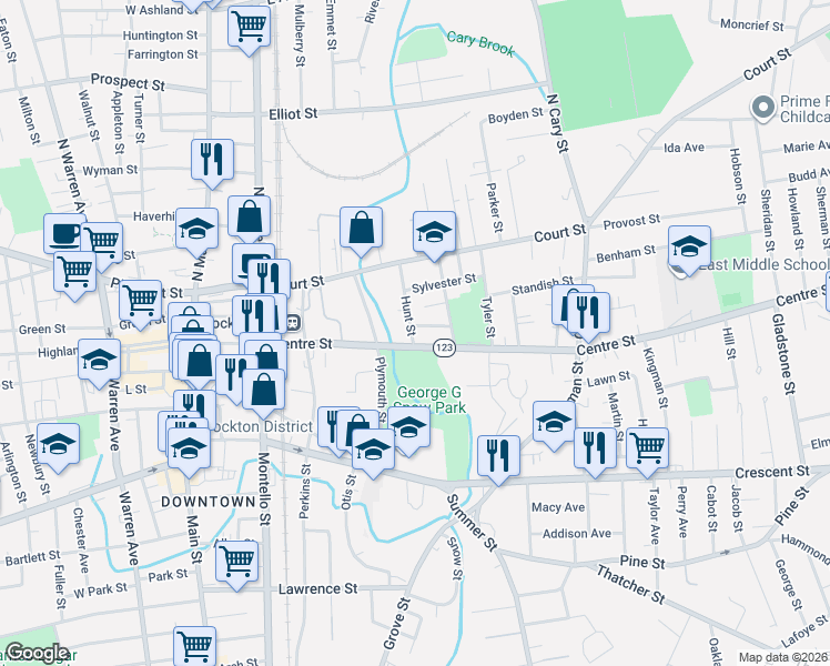map of restaurants, bars, coffee shops, grocery stores, and more near 216 Centre Street in Brockton