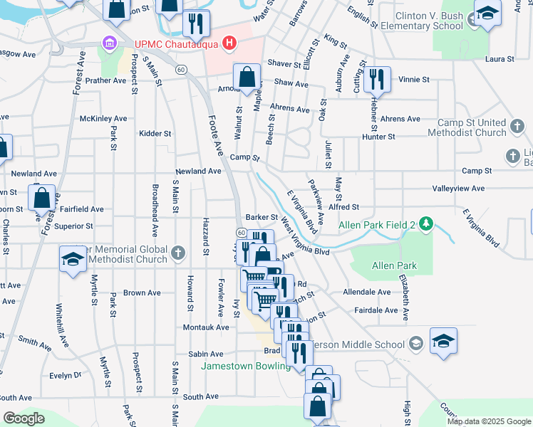 map of restaurants, bars, coffee shops, grocery stores, and more near 3 Barker Street in Jamestown