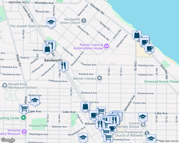 map of restaurants, bars, coffee shops, grocery stores, and more near 1323 Ashland Lane in Wilmette